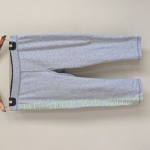 Gray crop leggings under armour thick elastic waist band neon lettering athetlic